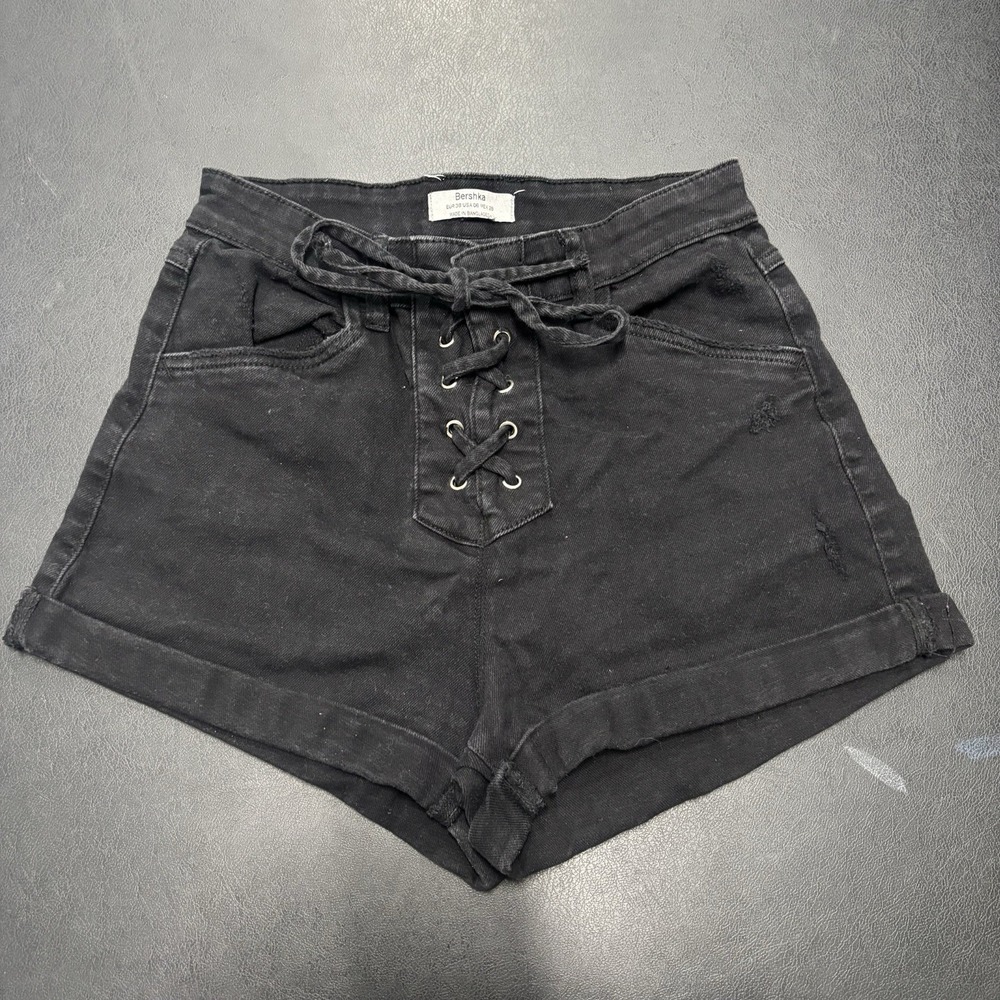 Bershka Women's Jean Shorts Black Denim‎ Size 6 Lace Up Casual 2.5 Inch Inseam